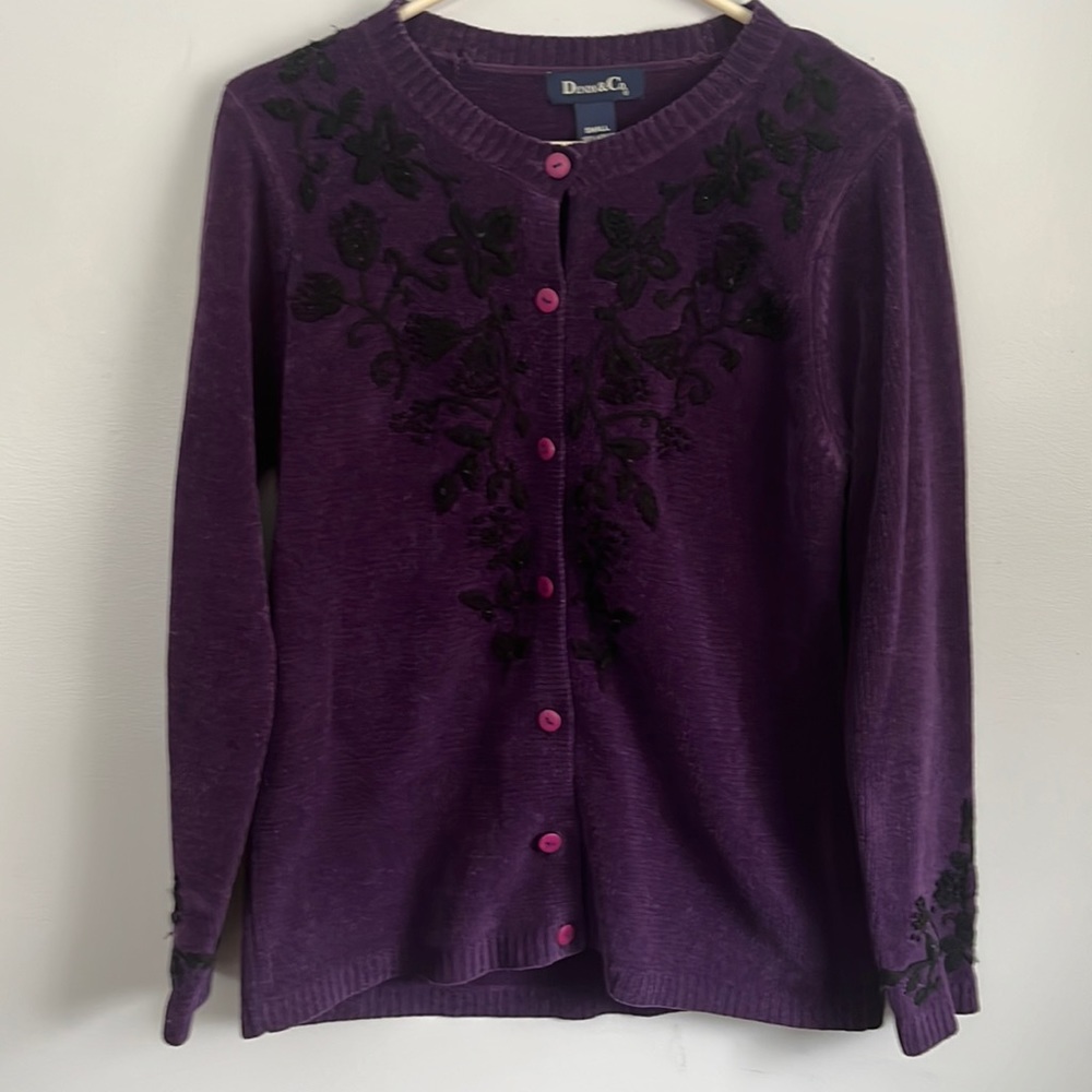 purple and black floral cardigan sweater